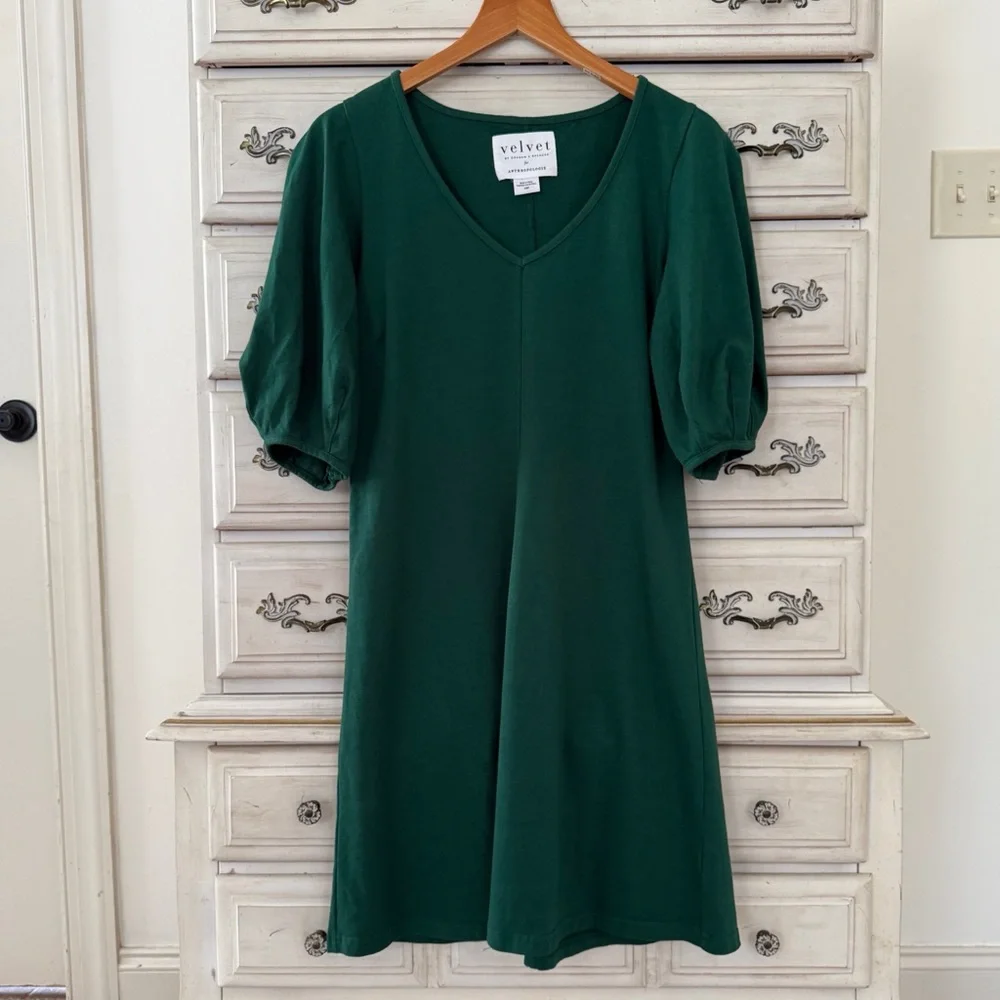 Anthropologie Velvet by Graham Spencer Green Puff Sleeve Dress - Picture 2 of 5